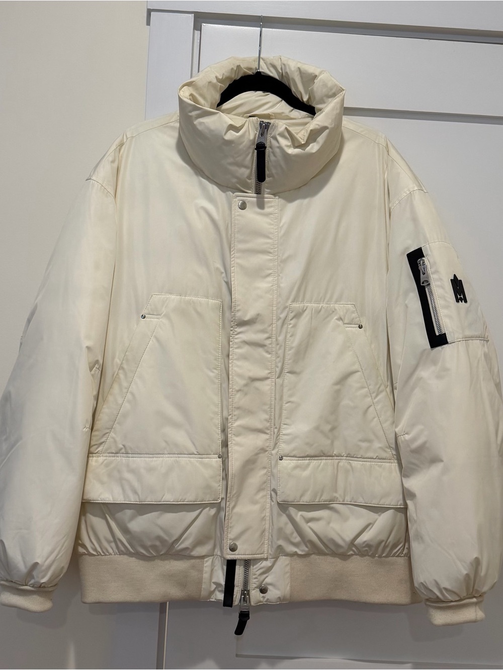 Mackage Cream Down Ski Jacket with leather detail and detachable hood